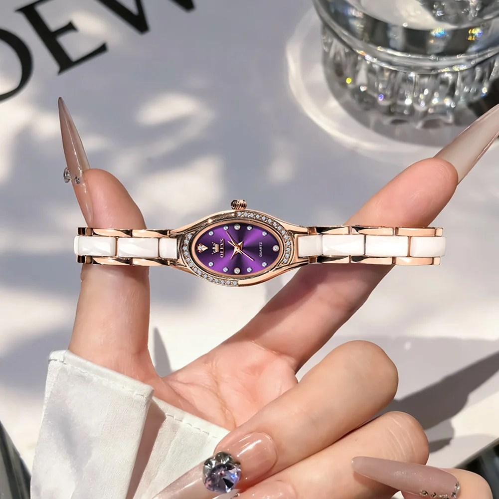 

OLEVS 7131 Оригинальные модные женские часы с овальным керамическим ремешком и циферблатом с бриллиантами, кварцевый механизм.