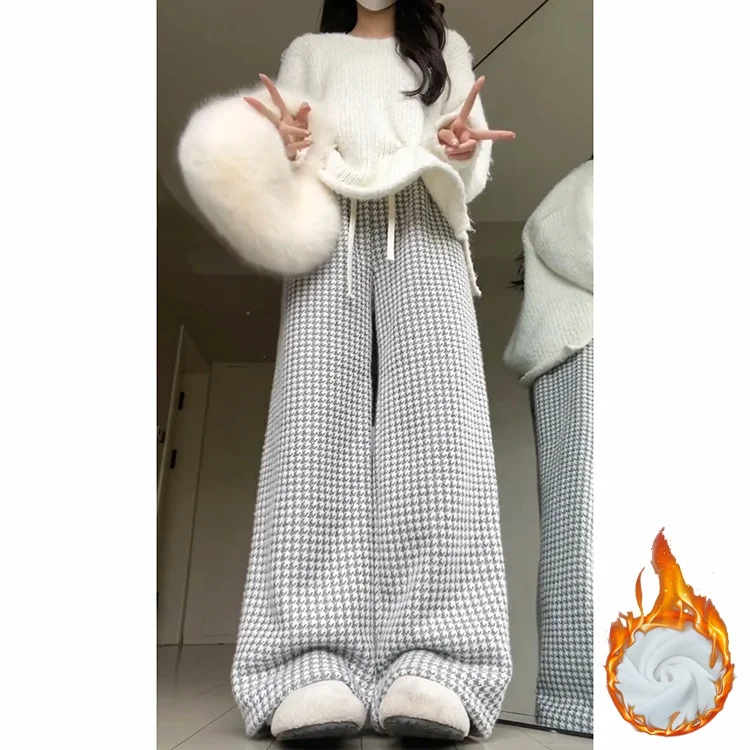 Cordeiro veludo xadrez calças casuais femininas outono inverno novo sle pequena fraança vento anti envelhecimento fce forrado thi quente reto...