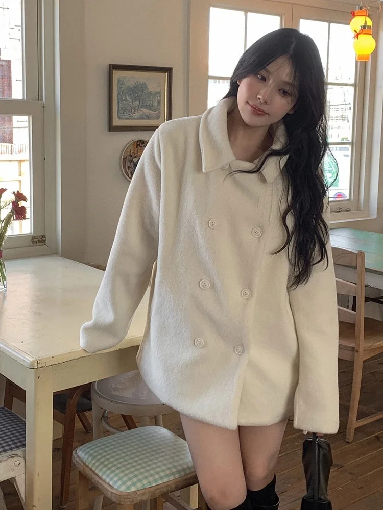 

Chic Women's Woolen Coat with Turn-down Collar Double-breasted White High-quali Outerwear Faionable Ele Long Sve