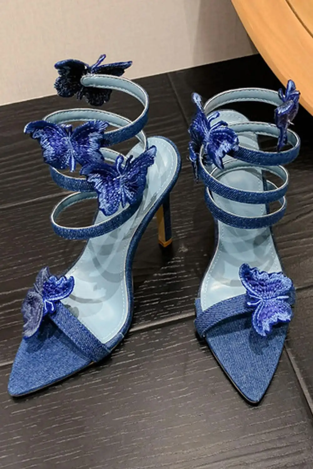 Women Denim Blue Pointed Toe Sandals Embroidered Butterfly Spiral Wrap Ankle Strap Stiletto High Heels Party Evening Shoes