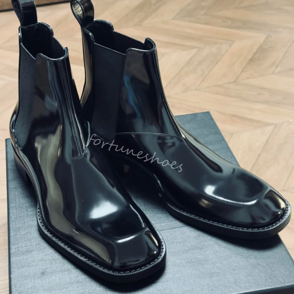 

Square Toe Patent Leather Ankle Boots Women/men Fashion Design Slip On Chunky Heel Dress Shoes 2025 Casual Black Chelsea Boots