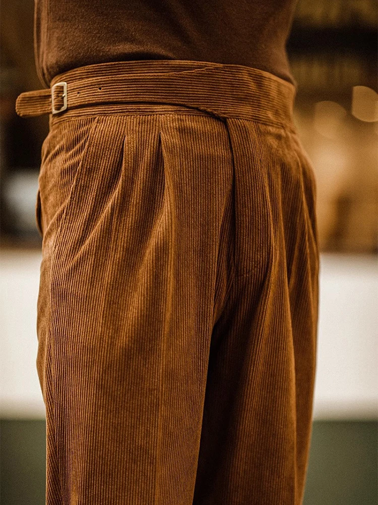 Fall Winter Casual Corduroy Trousers Mens Vintage Belt Design Straight Pants Men Stylish Solid Color Slim Ribbed Trousers Naples