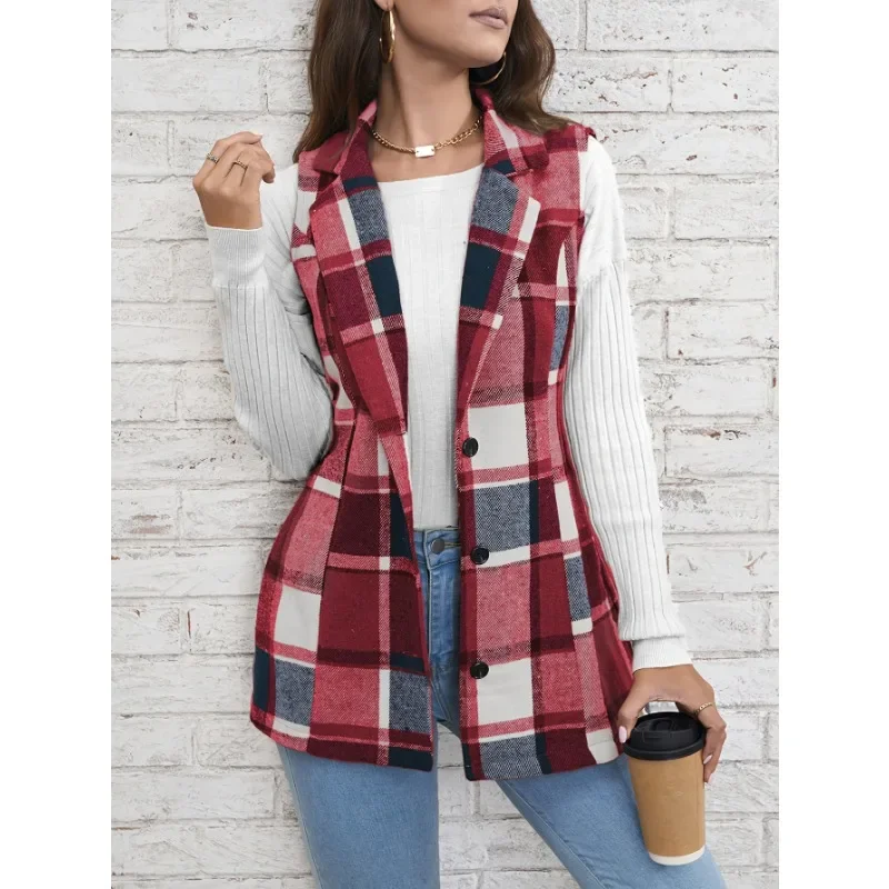 Gilet senza maniche scozzese da pendolarismo elegante Primavera e autunno Gite casual Abbigliamento moda donna Gilet scozzese monopetto con risvolto