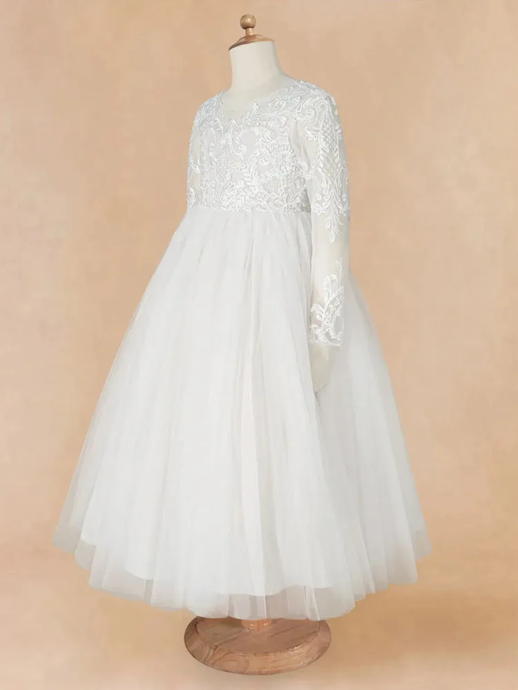 Robe de demoiselle d'honneur blanche taille Bio Poke, appliques de tulle élégantes, manches longues, détachable, occasion formelle, mariage, anniversaire, robe de Rh