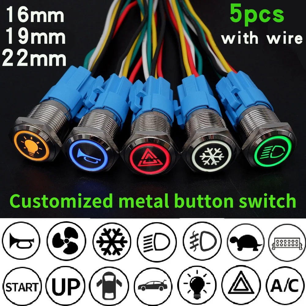 

5pcs16/19/22mm Custom Metal Push Button Switch 12V 24V Laser Luminous Momentary Latching With Wire Motorcycle Switch Waterproof