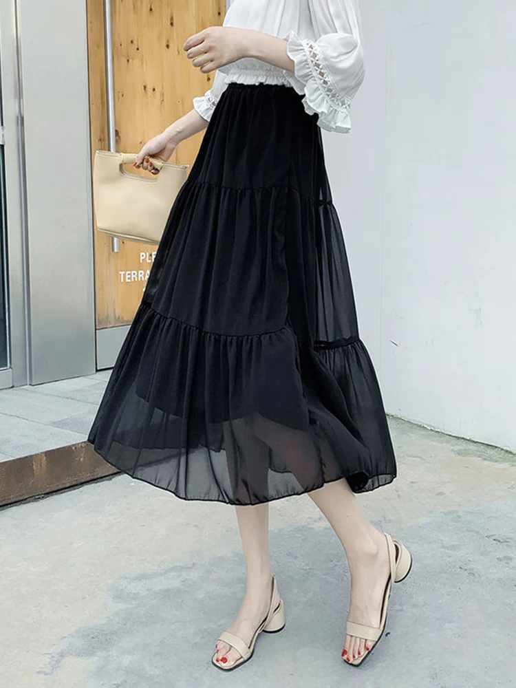 Jmprs High Waist Women Midi Skirt Summer Casual Korean A Line White Black Ladies Long Skirts New