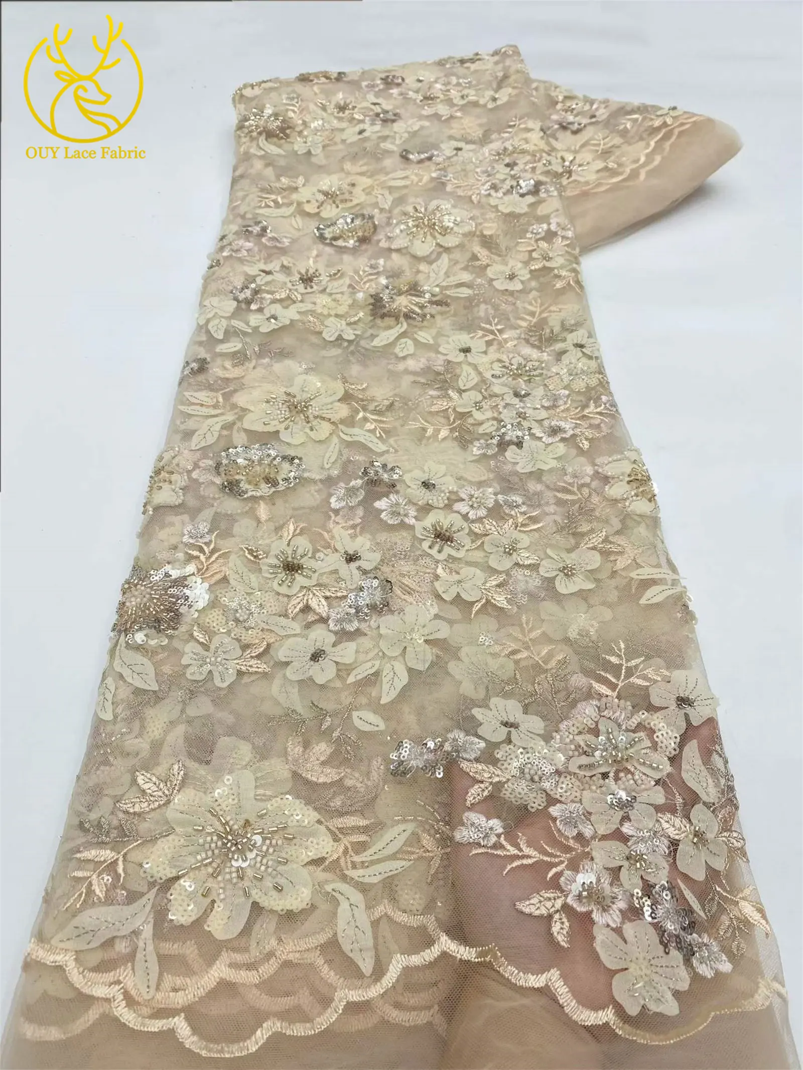 Eleganter Spitzenstoff mit Blumenstickerei und Pailletten, französischer Tüll mit Perlen, afrikanischer Spitzenstoff, nigerianische Spitze für Party- und Ballkleider – Detail 12