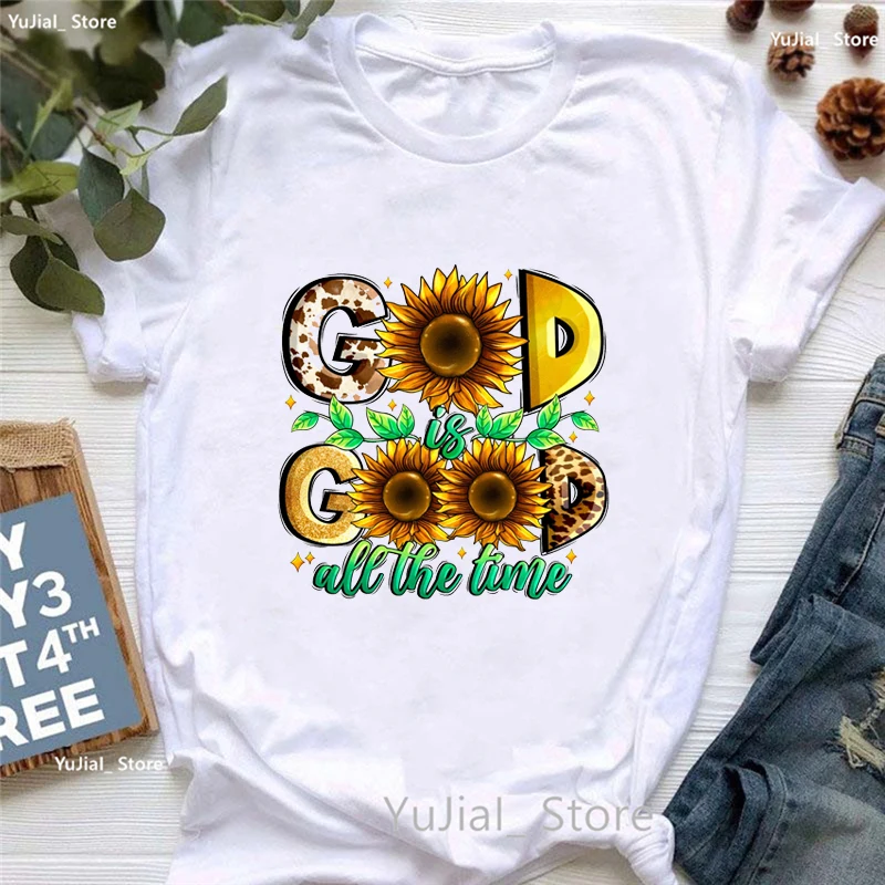 

Sunflower Jesus T Shirt Women Leopard God Is Good All The Time Graphic Printed Tshirt Girls Harajuku Shirt Summer Tops T-Shirt