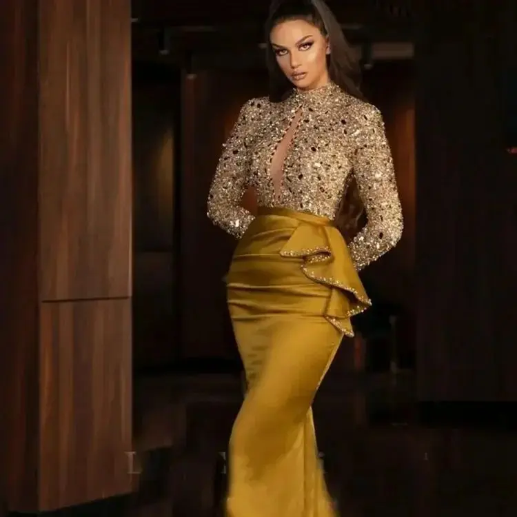 Glitter Beaded Sequined Mermaid Prom Dress Long Sleeves illusion Keyhole High Collar Evening Gown Women Pageant Dress Customized