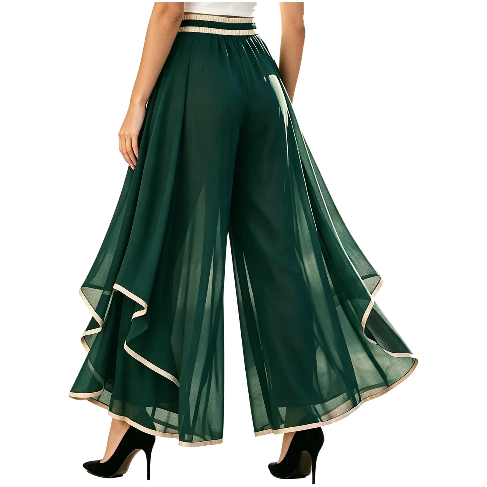 Women Flowy Chiffon Culottes Trousers Metallic Trim Irregular Wide-leg Casual Pants High Elastic Waist Loose Palazzo Dress Pants