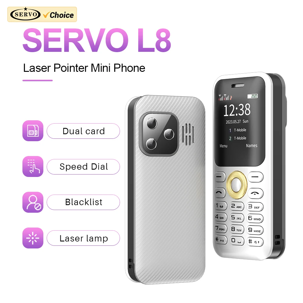 SERVO L8 Red Laser Light Mini 2 SIM Mobile Phone 1.33 inch Screen Magic Voice Bluetooth Dialer Portable Cellular Phones Pet Toy