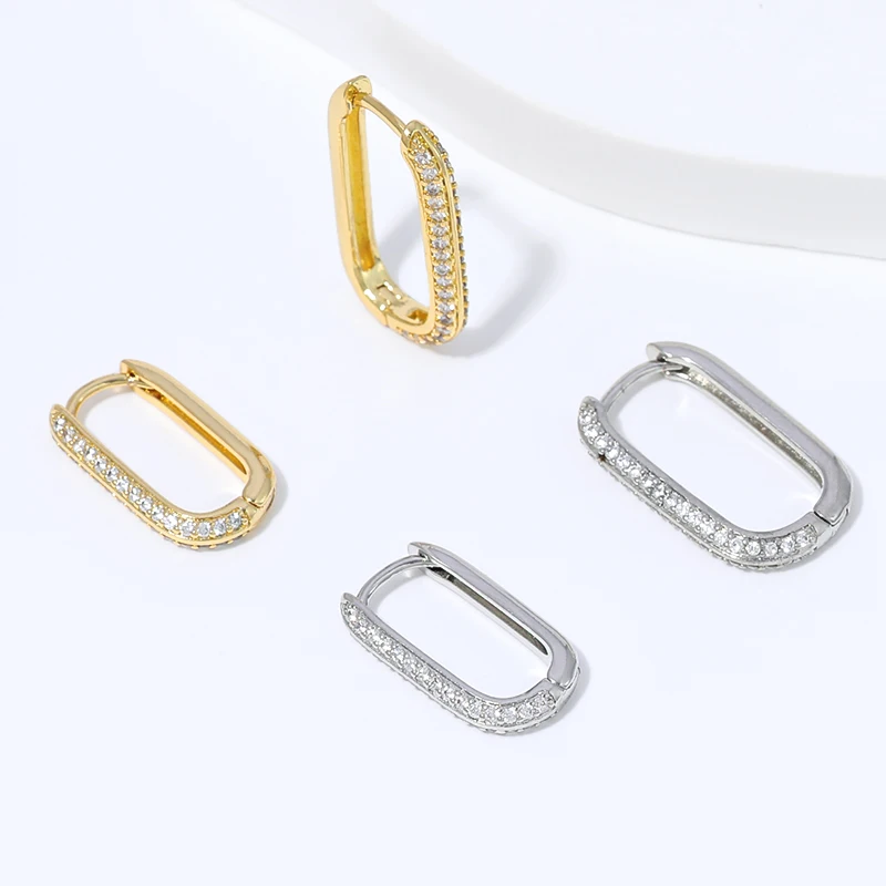 ohrringe damen,ohrringe,Trendige rechteckige Mikro-Zirkonia-Huggie-Ohrringe, 18K vergoldetes Messing, geometrische Creolen, Piercing-Schmuck, Damengeschenk – Detail 18