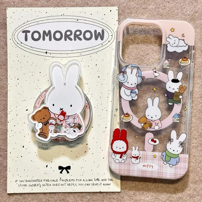 Miffy Cute Cartoon Magsafe Wireless Charge Case For iPhone 13 14 15 16 Pro Max Rabbit Rotate Magnetic Holder Gift