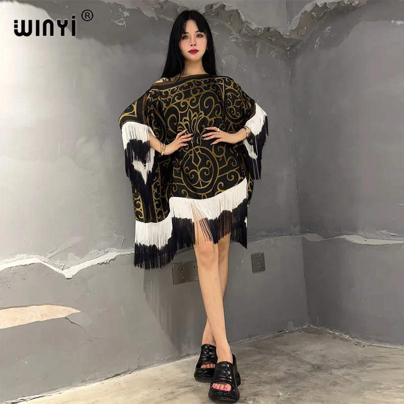 

WINYI dress summer cover-ups summer boho print fashion top elegant Holiday long tassels maxi party sexy beach dress for women