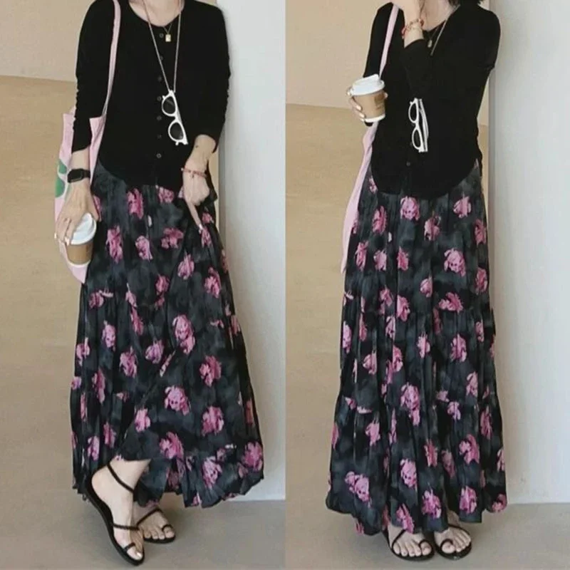 Rose pleated skirt women's autumn 2024 new elastic high waist slim fashion temperament Joker A word casual dress.