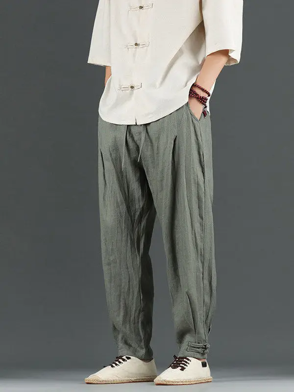 

Pure Linen Thin Mens Summer Casual Pants Loose Harlan Trousers Youth Active Sle Long Trousers Loose Fit Youthful Energy