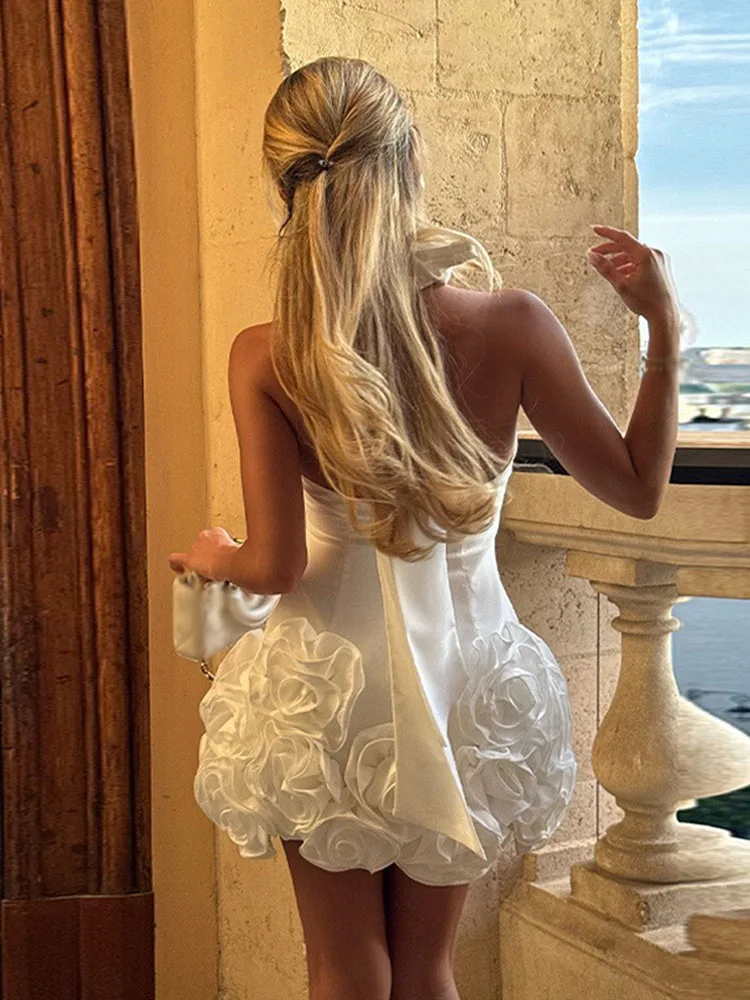 HH Vrouwen Mode Mouwloze Jurk Witte Hoge Kraag Backless Bloem Decoratie Boog Lace Up Rits Vrouwelijke Zomer Sexy Mini Jurk