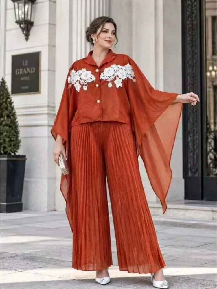 2026 African Loose Women's Clothing Set Splicing Premium Wide-leg Pants with Top Miyake Pleated Loose Two-piece Set New