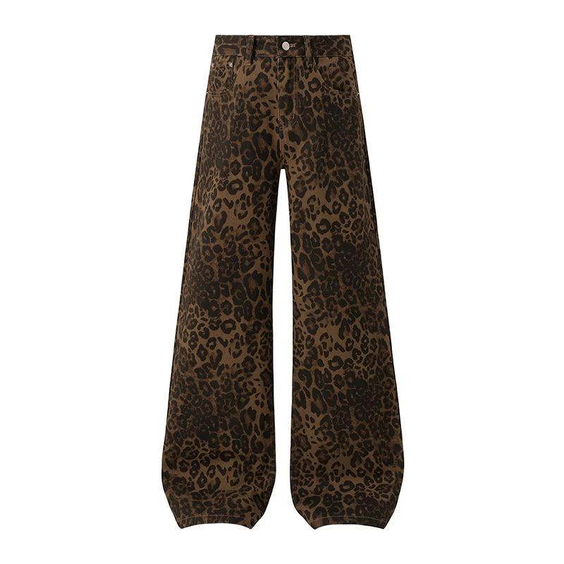 FINEWORDS Vintage High Waist Brown Leopard Print Jeans Women Casual Wide Leg Jeans Easymatch Korean Full Length Loose Jeans