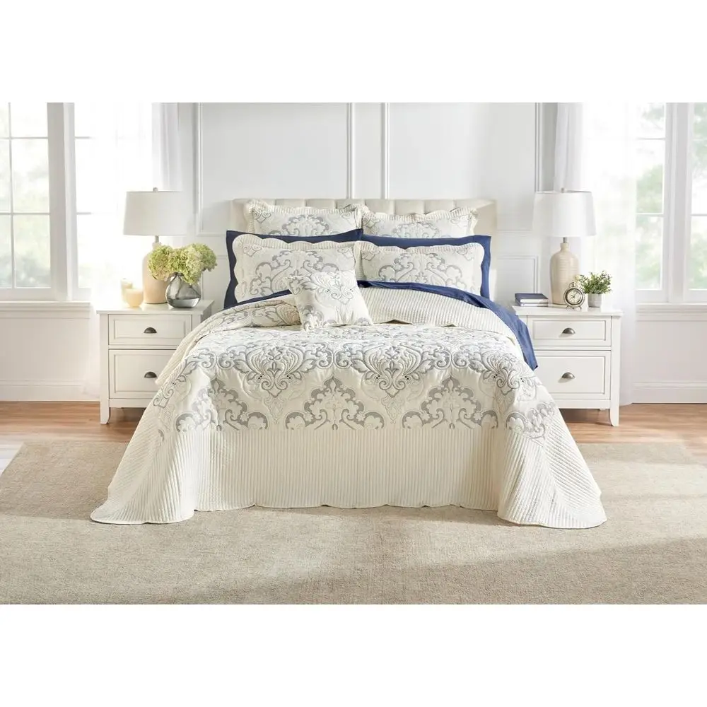 

Bedding Lightweight All Season ern Amelia Quilted Damask Oversized Ultra Sot Bedspread - King, Ivory Navy