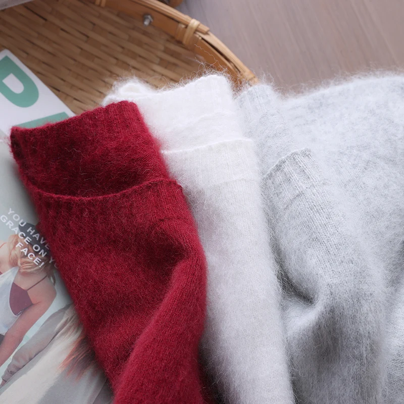 الخريف الشتاء الخط الأول الملابس المنك سترة الكشمير المعنقة فضفاضة المرأة الجولة الرقبة البلوز مع بلون الصوف محبوك سترة #6