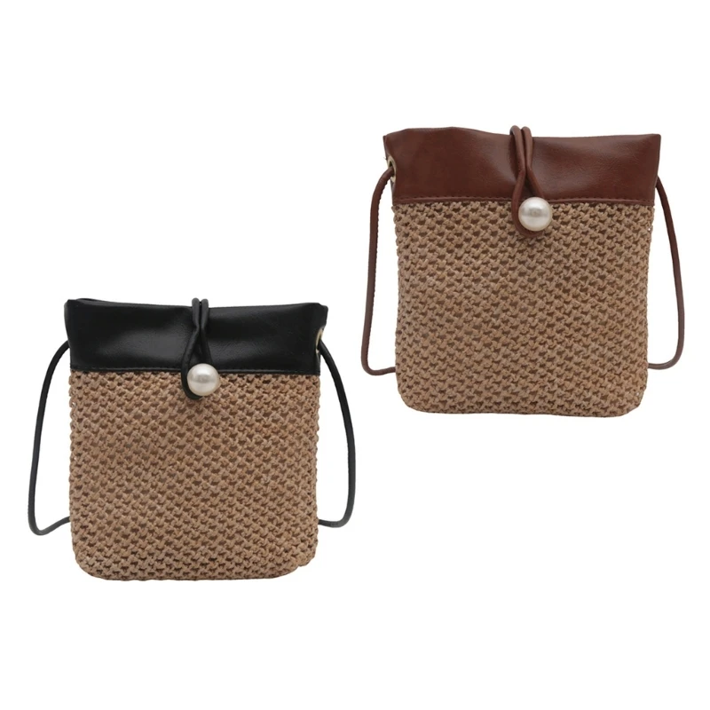 Fashion Straw Woven Phone Bag PU Leather Shoulder Bags Crossbody Purse