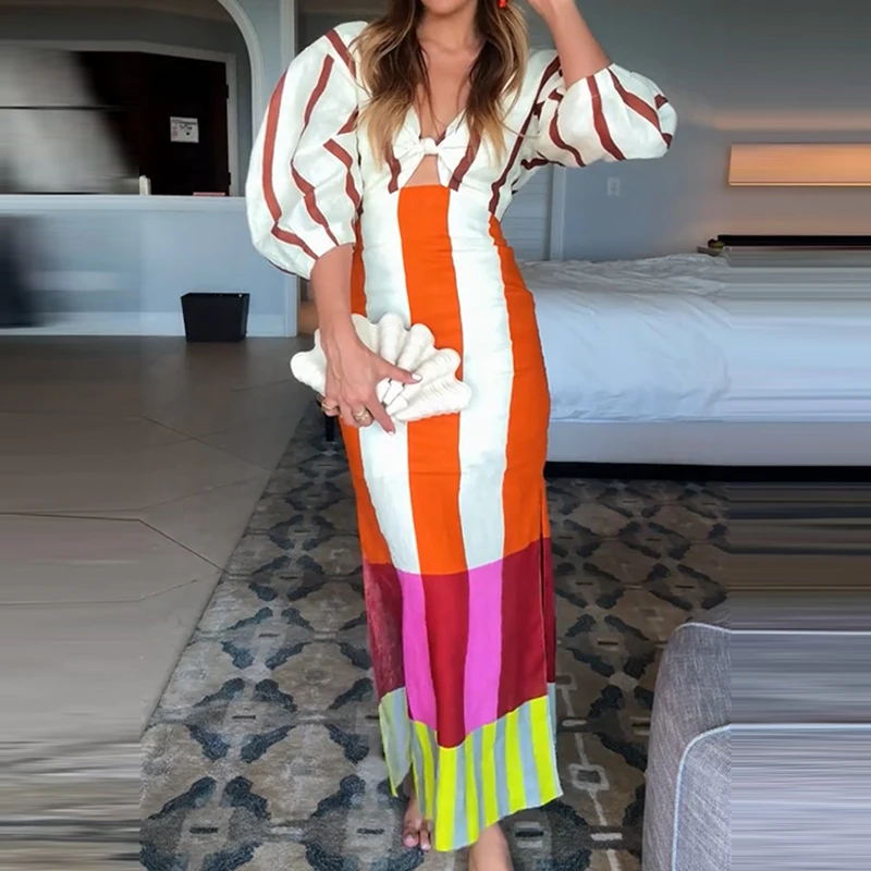 Elegant V-neck Twisted Hollow Long Dress Women Fashion Pattern Print Slim Holiday Dress Sexy Side Split Half Sleeve Party Dress