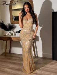 Znaiml Luxury Apricot Evening Celebrities Dress Mesh Rhinestone Backless Sexy Mermaid Birthday Party Prom Long Dresses Gorgeous