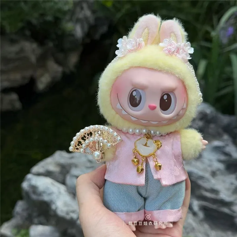 15 17cm para boneca labubu estilo chinês roupas rosa bordado roupa calças conjunto de malha pingente flor acessório de cabelo