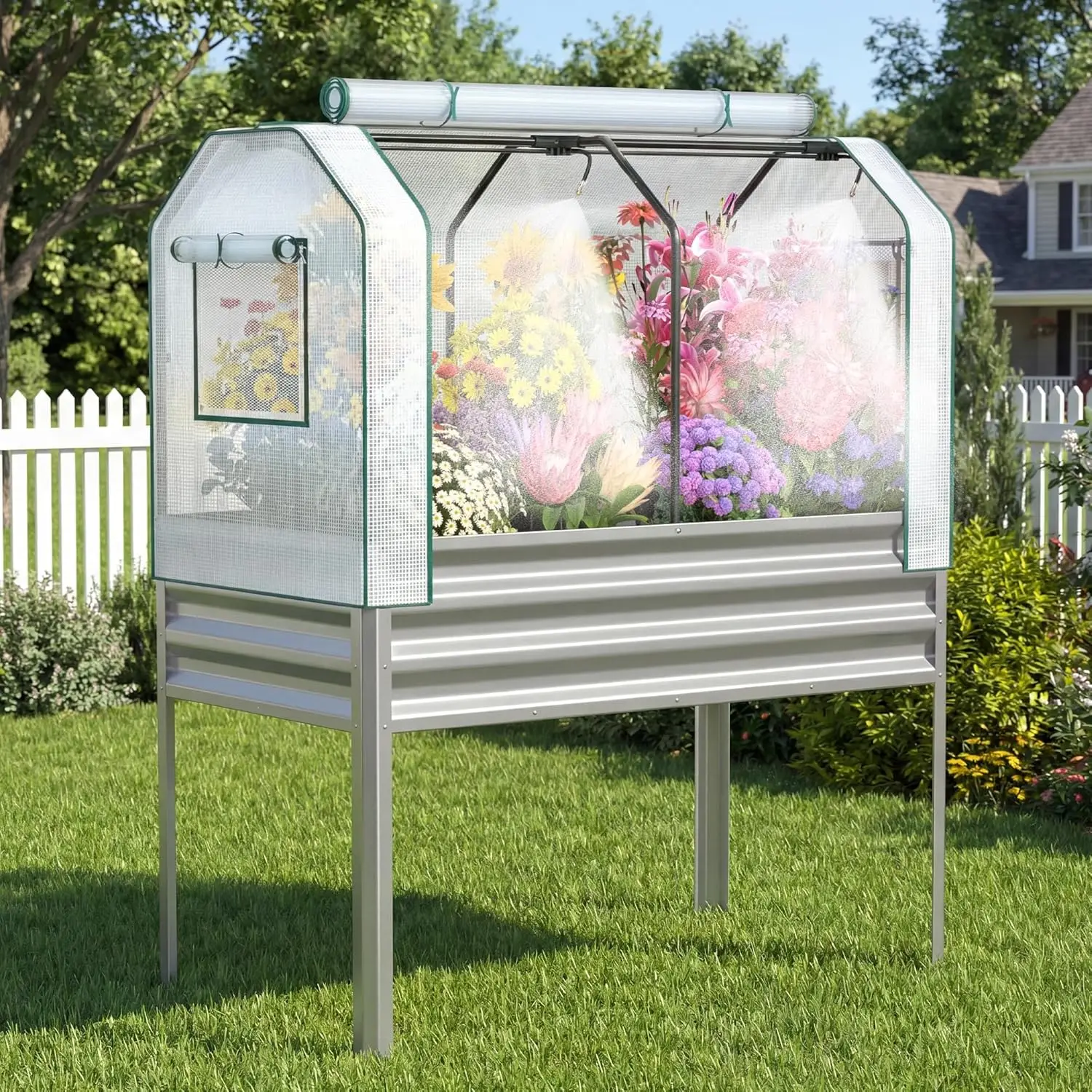 

Galvanized Raised Garden Bed with Self-Watering System, Elevated Planter Box for Vegetables Flowers, Backyard Patio Balcony