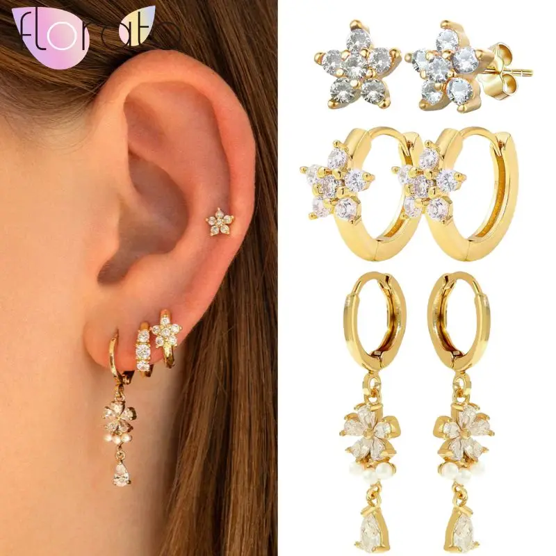 

925 Sterling Silver Needle Sophisticated Style Flower Drop Zircon Pendant Hoop Earrings Women's High-end Versatile Jewelry Gift