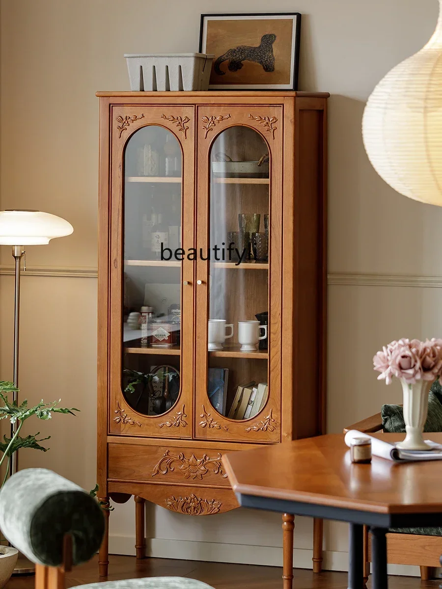 

yj9 Cherry wood French retro style home bookcase wine cabinet, medieval storage display cabinet