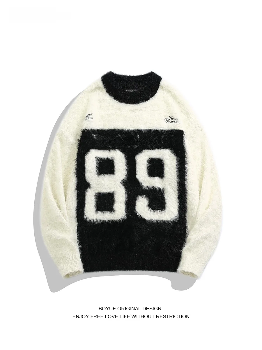 

Boyue American Sle Knitted Sweater Faux Fur Contrast Color Hoodie Street Sport Retro Cool Men Women Sweater Casual Winter