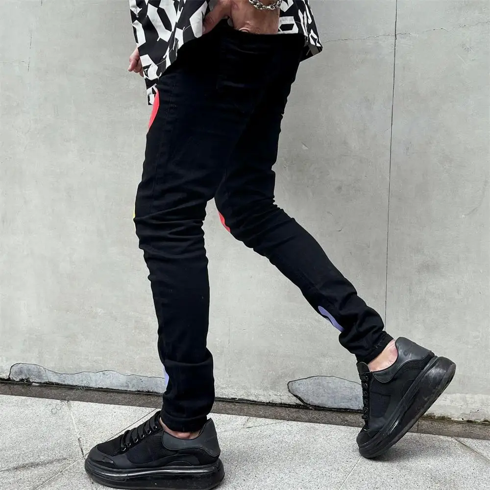 Trend Black Jeans Fashion Street Trousers Cozy Skinny Broken Heart Printed Design Soft Denim Pants Mens Clothing New Men