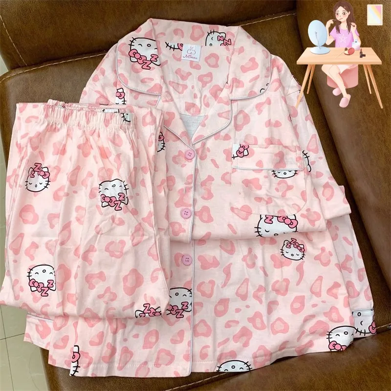 Hello Kitty Leopard Print Pajamas Pajama Pants Suit Spring and Autumn Casual Cardigan Long Sleeve Home Wear Suit for Women