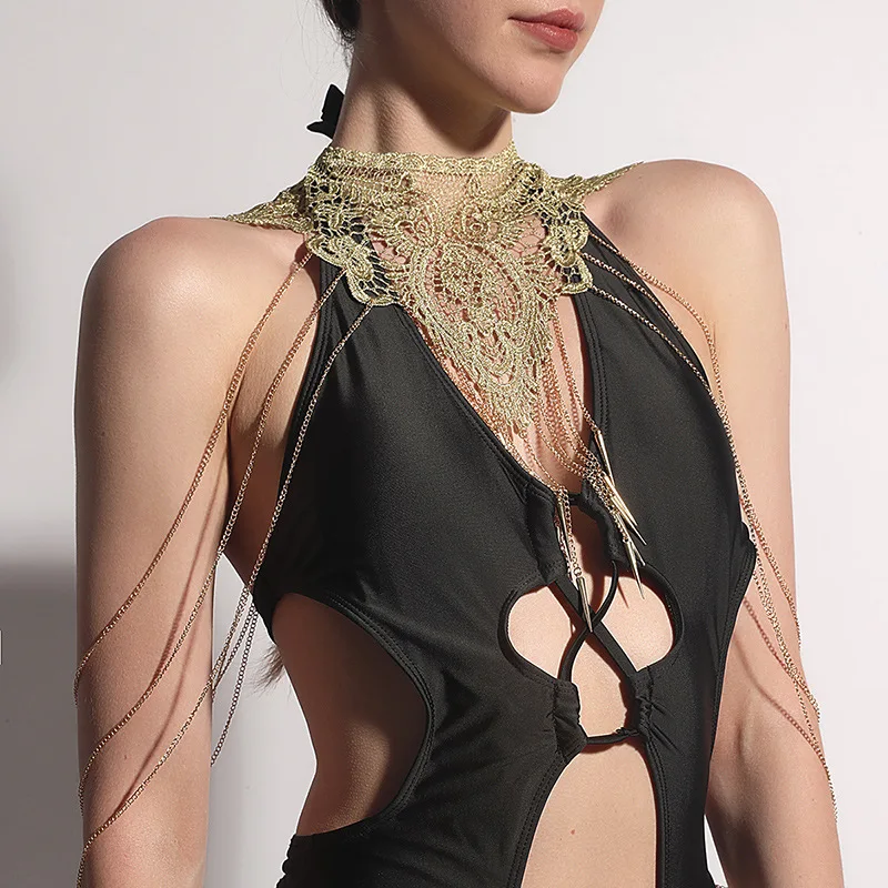 

Women's Jewelry New Necklace Women's Gothic Lace Necklace Metal Body Chain Hollow Sexy Bust Crystals and Stones Healing