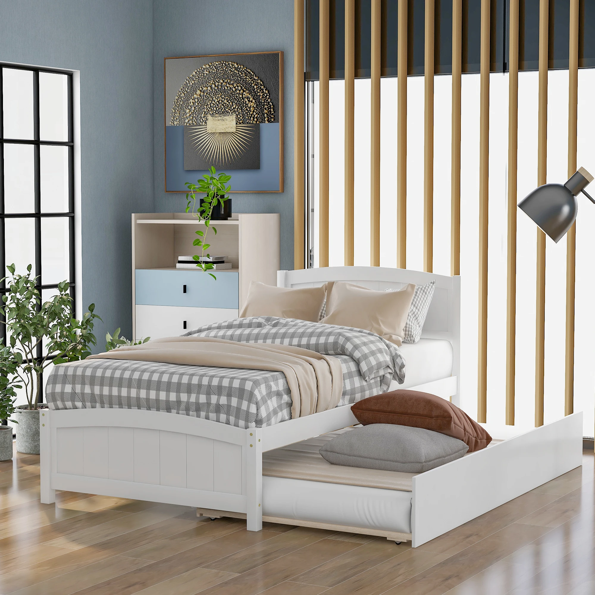 White Twin Platform Bed with Trundle, No Box Spring Needed  79.50x41.70x37.50 in.