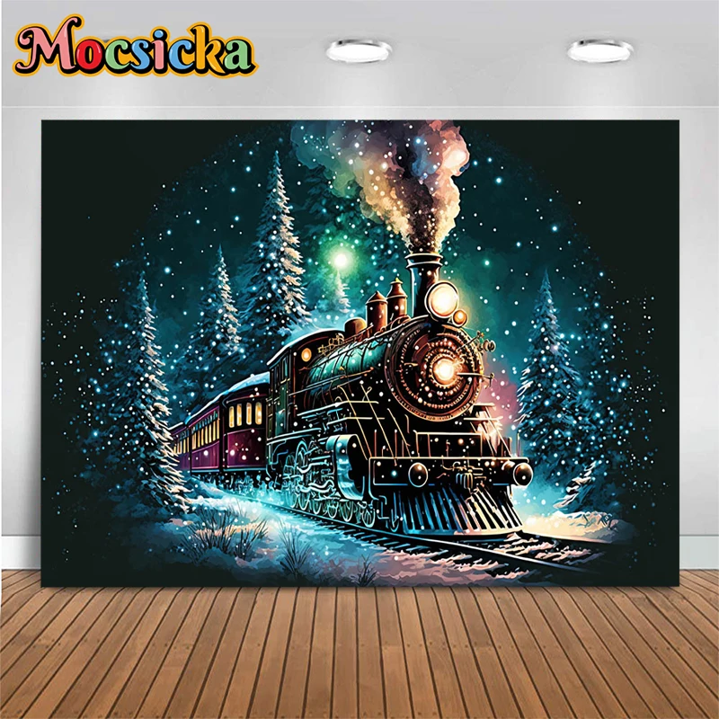 

Mocsicka Christmas Locomotive Photography Background Night Party Train Snow Props Decoration Backdrop Family Studio Photobooth