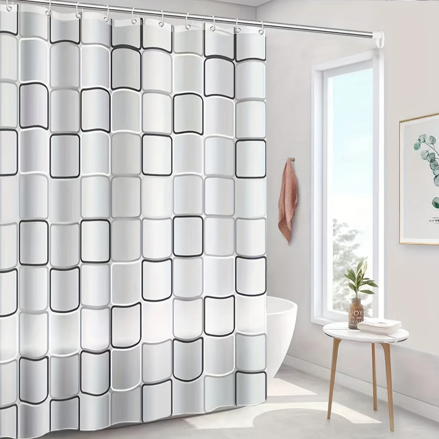 1pc Large Checkered Shower Curtain, PEVA Lined, Black & White lattice, Bathroom Waterproof Curtain, Room Decor & Hook