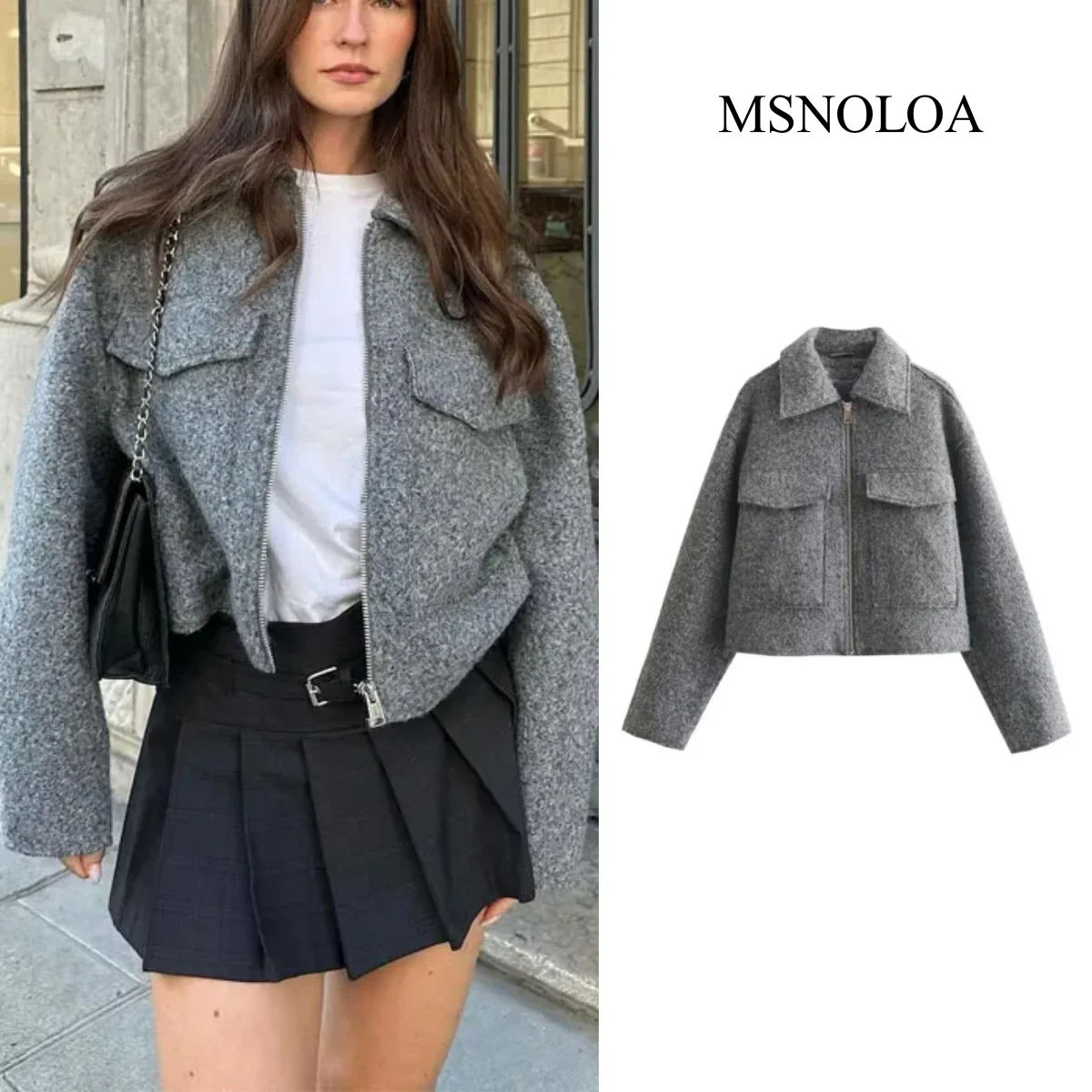 MSNOLOA Autumn Winter Cropped Jacket for Women Short Coat Tweed Jacket Zip Crop Demi-season Jacket Woman New in outerwears