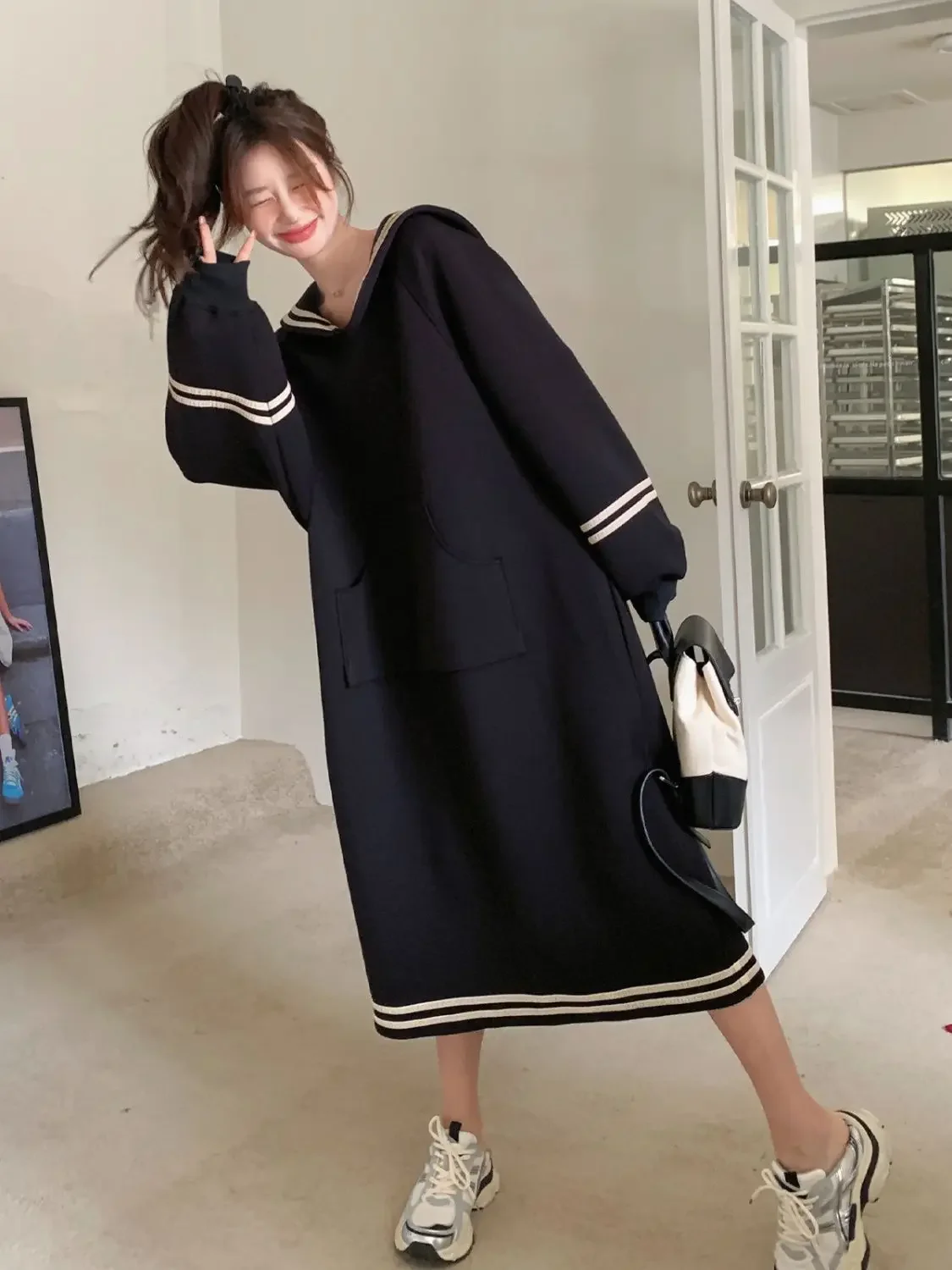 

Preppy Style Navy Collar Dresses Women 2024 Autumn Clothes Korean Fashion Slimming Casual Striped Long Sleeve Vestidos