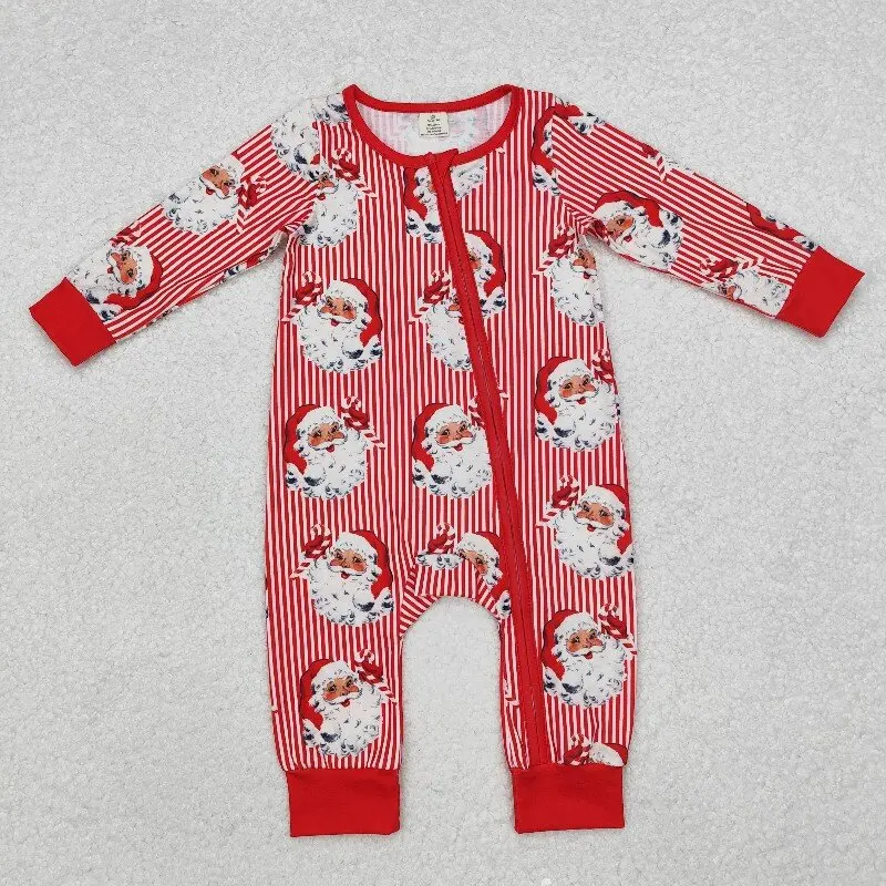 

8.20y Baby Boys Santa Claus Romper Red Striped Long Sleeve Zipper Onesie Wholesale Boutique Baby Clothes Holiday Outfit for Boys