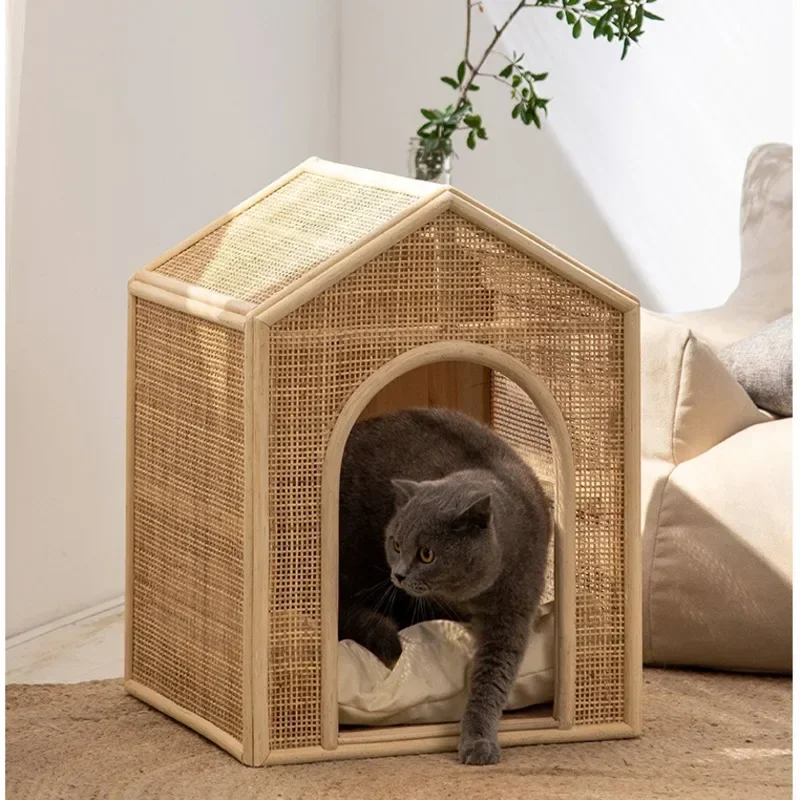 2024 Ins Cat Beds Japanese Rattan Woven Cat's House Hollowed Out Breathable Litter for Cat Four Seasons Universal Cat Supplies