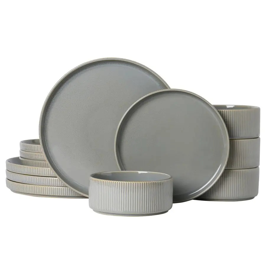 

Ceramic Dinnerware Sets for 4, 12PCS Stoneware Plates and Bowls Sets, Reactive Glaze Dish Set, Chip and Scratch Resistant Double