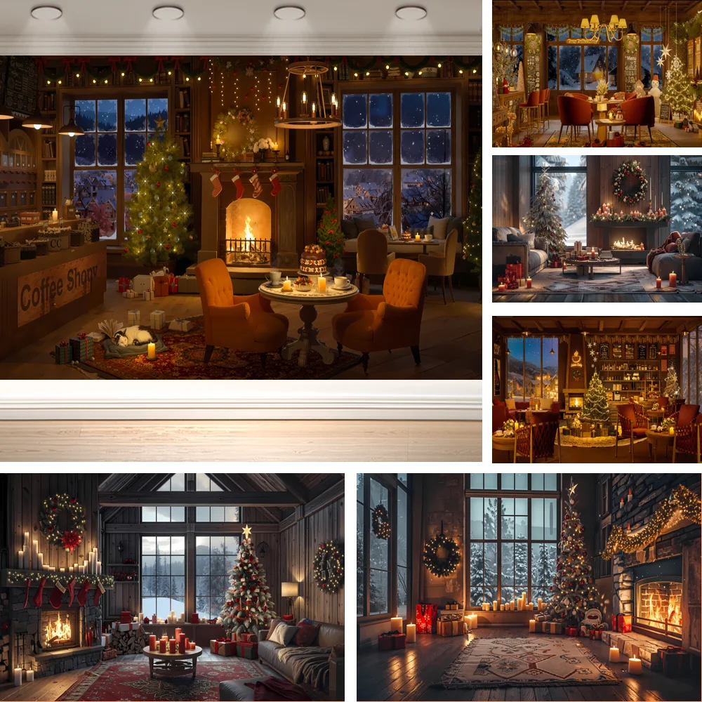 Dewprint Cozy Cabin Christmas Coffee Shop Backdrop Fireplace Xmas Tree Snow Window Winter Holiday Party Banner Decor Supplies
