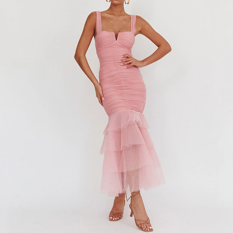 

Sexy Sleeveless Patchwork Mesh Wedding Party Dress Women Solid Slim Suspenders Party Dress Summer Pleated Ruffle Wrap Hips Dress