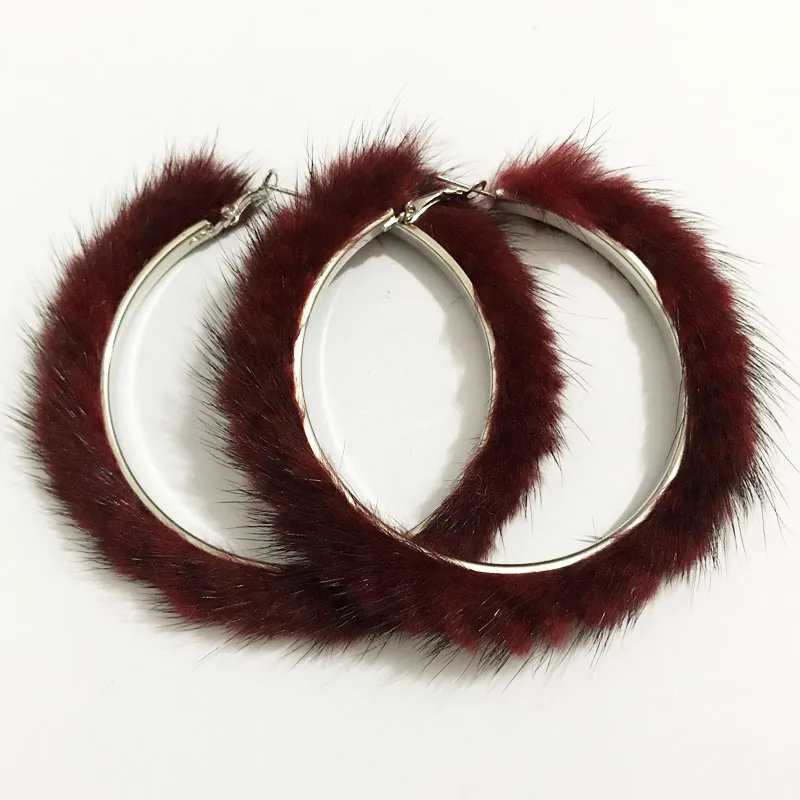 Colorful Fur Hoop Earrings for Women Fashion New Big Round Circle 70MM Large Pompom Hoops Earring with Real Mink Fur Jewelry