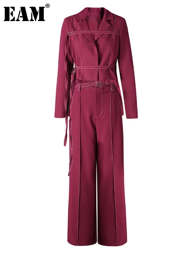 EAM Wine Red Belted Blazer Wide Leg Pants Two Piece Suit New Lapel Long Sleeve Women Fashion Tide Spring Autumn 2024 CPDB403