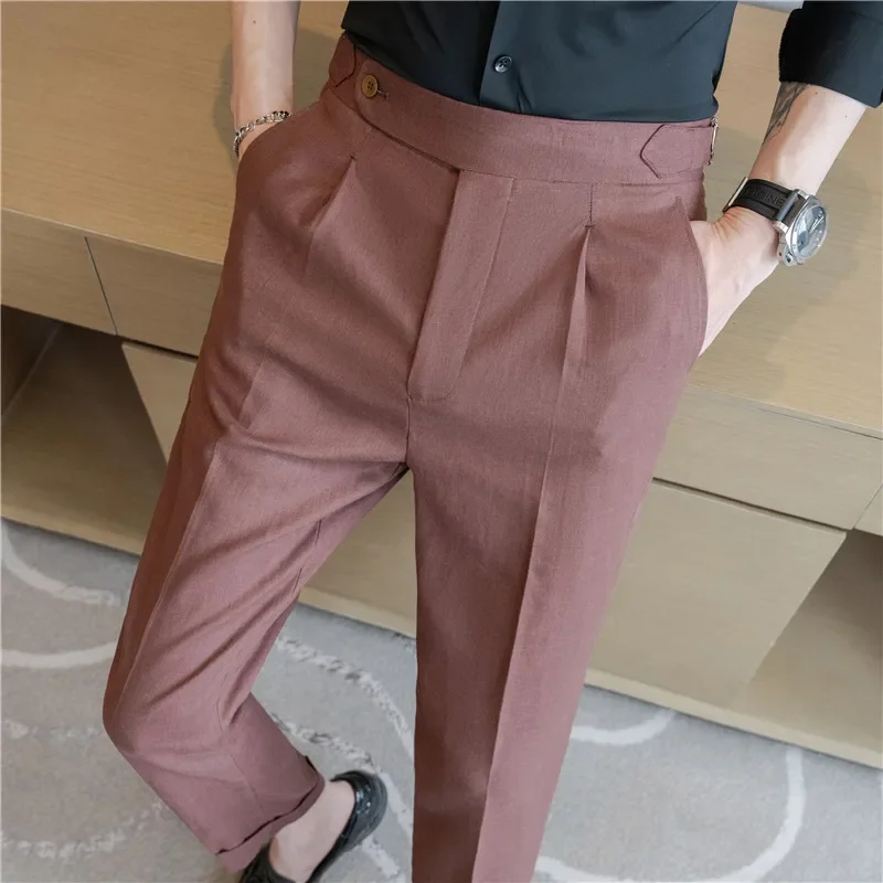 2024 Men\'s High Quality Cotton Hemp Fashion Western Pants Business and Leisure Versatile High Street Elastic Waist Hombre Pants