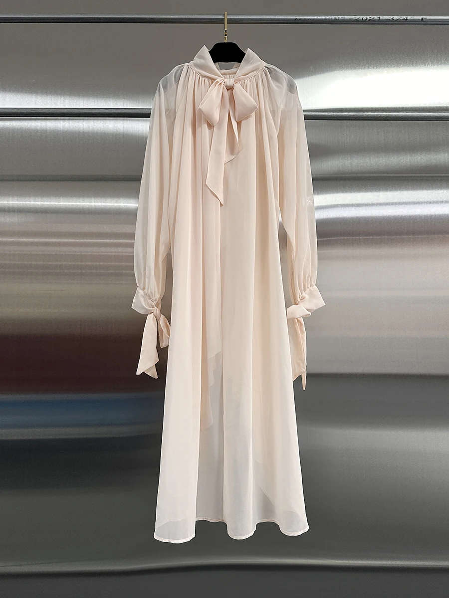 VGH Patchwork SHEER ตาข่ายหลวมเสื้อผู้หญิงคอยาวแขนยาวไม่สมมาตรความยาวกลางเสื้อหญิง